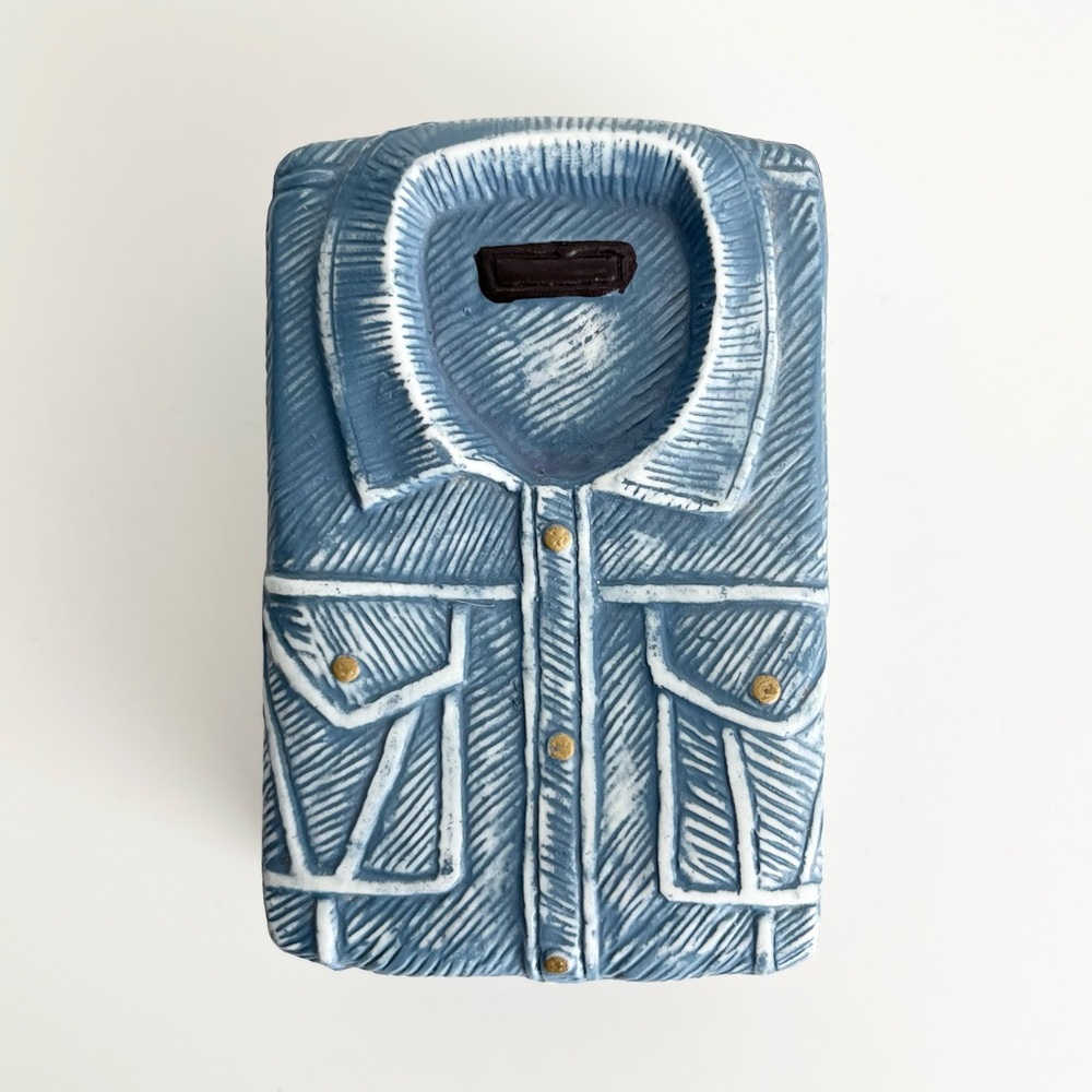 Vintage Ceramic Trinket Box Lid Blue Denim Shirt Whimsical Preppy Southwestern
